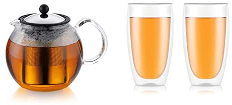 Bodum - 1802-16 - Assam - Théière à Piston en verre - Filtre et Couvercle inox - 1.5 L & (4560-10) Lot de 2 Verres à double paroi, Transparent, 45 cl