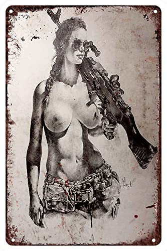 Pengbaax Vintage Metall-Blechschild Cool Pin Up Girl Sexy Lady mit Gun Man Cave für Zuhause, Bar, Küche, Garage, Restaurant, Wandschilder 30,5 x 20,3 cm