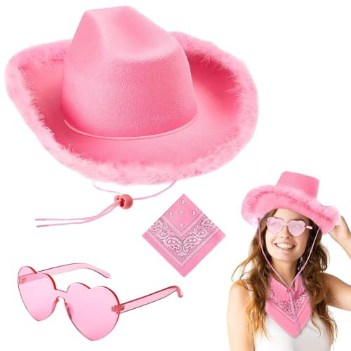 71Nmly 3 cappelli da cowboy da donna in feltro soffice con piume e cappello da cowgirl a tesa larga cappello da cowboy con occhiali a cuore e sciarpa bandana rosa per Halloween cosplay feste
