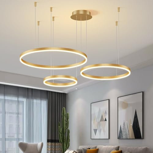 LED Pendelleuchte Modern Dimmbar 3 Ringe Esstisch Hängelampe Rund Aluminium Höhenverstellbar Hängeleuchte Wohnzimmer Leuchte Ringleuchte Lampe Schlafzimmer Kronleuchter Deckenbeleuchtung Golden