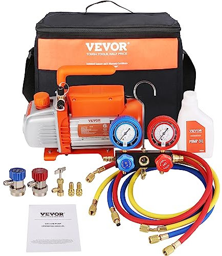 VEVOR Pompe à Vide Climatisation 4 CFM 113 L/Min Pompe à Vide Frigoriste HVAC 180 W Kit Jauges Tuyau Caoutchouc Tricolore 1440 TR/Min Sac de Transport pour R134a Climatiseur Automobile Réfrigérateur