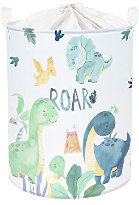 Clastyle 63L Niedlicher Dinosaurier Grüner Kinder Wäschekorb für Jungen Mädchen Große Kleidung Spielzeug Aufbewahrung mit Deckel für Kinderzimmer, 40x50 cm