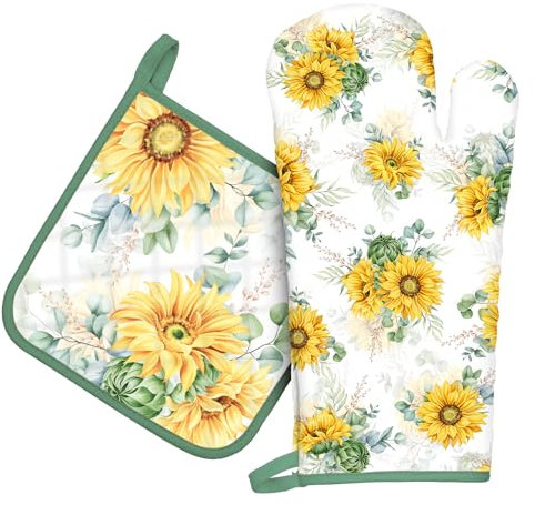 Arquiel Gants De Four & Maniques Lot De 2, 100% Coton Maniques Cuisine Gant Four Anti Chaleur Extra-Longue pour Barbecue, Cuisine, Griller, Micro-Ondes(Tournesol)