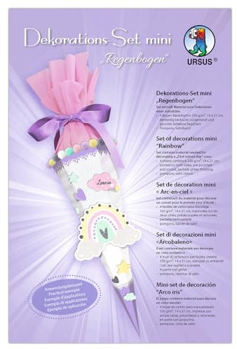 Ursus 9900004F - Dekorations-Set mini Regenbogen, 4 Bogen Bastelkarton, beidseitig bedruckt, vorgestanzt, genutet, zum Dekorieren einer Schultüte, mit Satinband