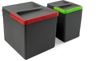 Avilia Kit de 2 cubos de basura para recogida selectiva con asas de colores, para cajones de cocina, con tapa manual, altura 216 mm, 1 x 12 l + 2 x 6 l, de plástico, gris antracita