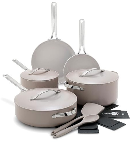GreenPan Nova Healthy Ceramic Nonstick 10-Piece Cookware Pots and Pans Set, PFAS & PFOA-Free, Frying Pans, Saute, Stockpot, Utensils, Lids, Induction Suitable, Dishwasher Safe,Oven & Broiler Safe,Clay