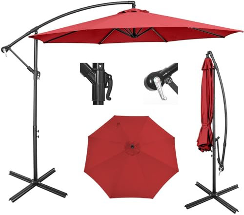 TANGZON 10 FT/3 M Outdoor Garden Parasol, Offset Cantilever Umbrella with Crank System, Sturdy Steel Frames, Cross Base, Tilt Hanging Umbrella for Garden Backyard Poolside Lawn (Red)