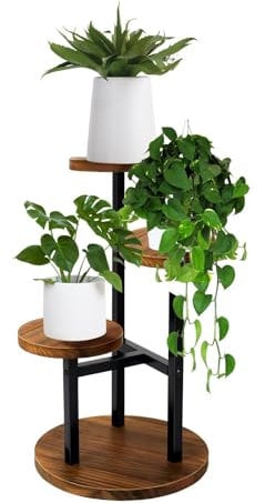 MEEYUU Pflanzenständer mit 3 Etagen, 54 cm, hohes Metall-Holzregal für drinnen und draußen, Blumentopfständer für Ecken, Wohnzimmer, Balkon, Garten, Terrasse (3 Ebenen, schwarz)