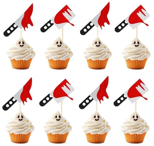 Arthsdite 24pcs Halloween Cupcake Toppers Glitter Horror Blood Knife Cupcake Picks Killer Birthday Cake Decorations for Halloween Blood Knife Theme Birthday Party Supplies
