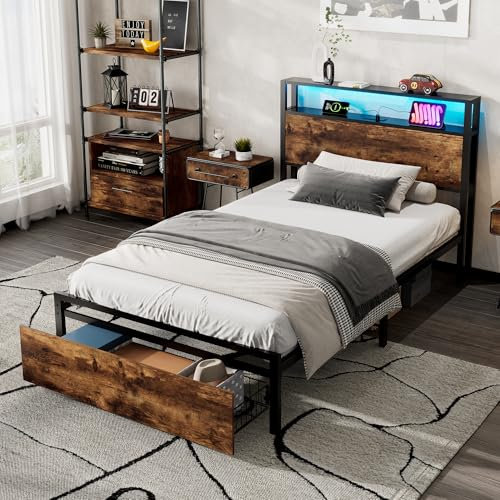 ModernLuxe 3FT Single Bed Frame with LED Light Strip and Drawer, 3 USB Port, Multifunctional Metal Bed for Adults and Teenagers, Wrought Iron Bed, Rustic Wood Finish, Black & Walnut, 90x190cm