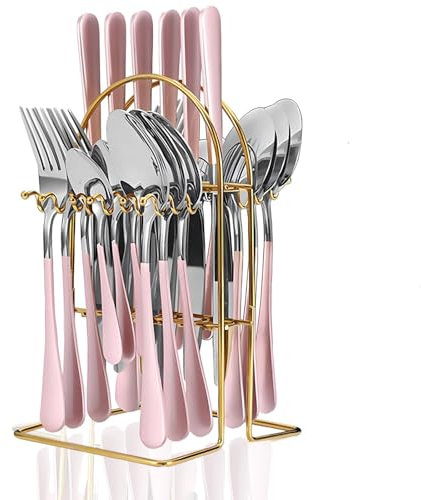 Maxspace Besteck Set 6 Personen, 24-teiliges Silbrig Edelstahl Flatware Set mit Besteckhalter Löffel Gabeln und Messer, Cutlery Set für Haus Restaurant Zusammenkommen (Rosa)