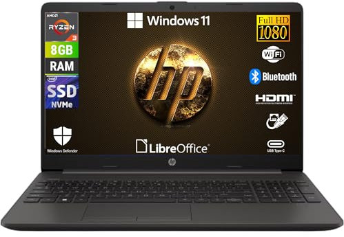 HP 255 G10, AMD Ryzen 3-7320u 4 Core 2.4 Ghz, Computer portatile Notebook Display 15.6 Full HD, Ram 8GB DDR4 256GB SSD, Windows 11 Pro, Pronto all'uso con Libre Office