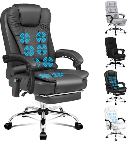 ALFORDSON Ergonomischer Bürostuhl, Schreibtischstuhl mit Wärmemassagefunktion, Leinenstoff Computerstuhl mit gepolsterten Armlehnen und weicher Kopfstütze, Drehstuhl mit Rollen, Felsgrau