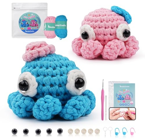LetCart Häkeln für Anfänger mit Anleitung, Häkelsets für Anfänger, Strickset, Weiches Garn, Eisstreifenlinie, Geschenk zum Geburtstag, Schritt-für-Schritt Videoanleitung (Oktopusse)
