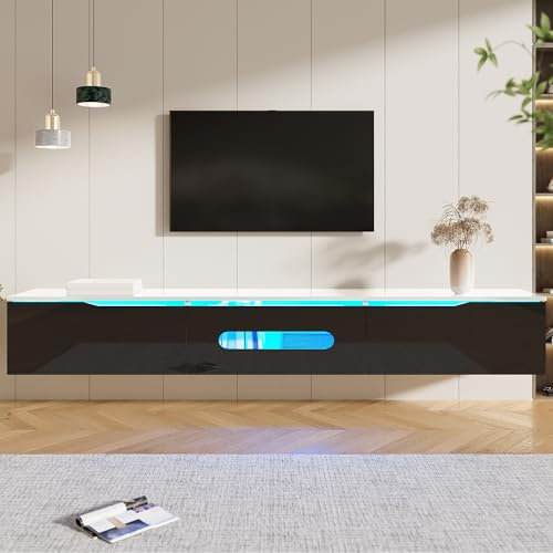 BTM Meuble TV 180 Suspendu ou Sol, LED Meuble Télé avec Rangement, Porte Pliante Haute Brillance, Mural Moderne pour Salon, Charge 50kg, Blanc & Noir