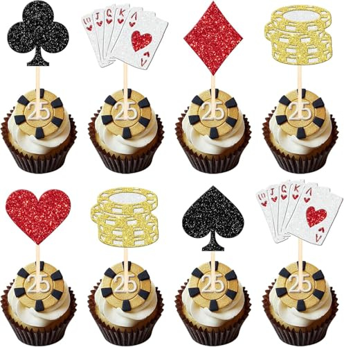 24 Stück Kasino Poker Cupcake Dekorationen Glitzer Poker Spiel Tortendeko Chips Spieler Kuchen Deko für Las Vegas Casino Nacht Poker Thema Geburtstag Party Kuchen Dekorationen