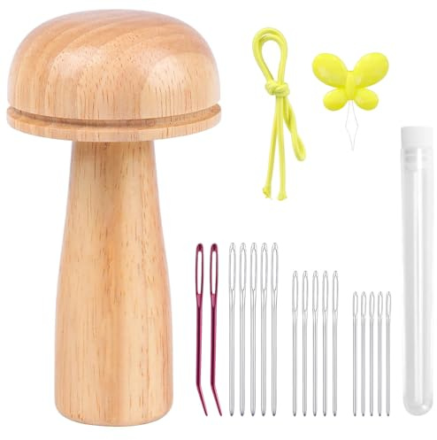 GmwyCzV Set di funghi da rammendo, Kit per rammendare funghi in legno, con 17 aghi da cucito per fai da te, Calzini, Vestiti, Cappelli, Sciarpe