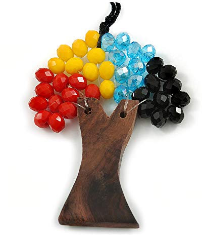 Avalaya Pendentif arbre de vie en bois marron multicolore avec cordon en coton noir – 76 cm L, taille unique, Cordons Verre Bois, Verre