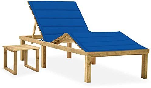 Owoxanthellate Sonnenliege Kiefer 200x70 cm mit Tisch & Blauer Auflage, verstellbare Rückenlehne, wetterfeste Holz-Liege klappbar für Garten Terrasse Balkon und Camping