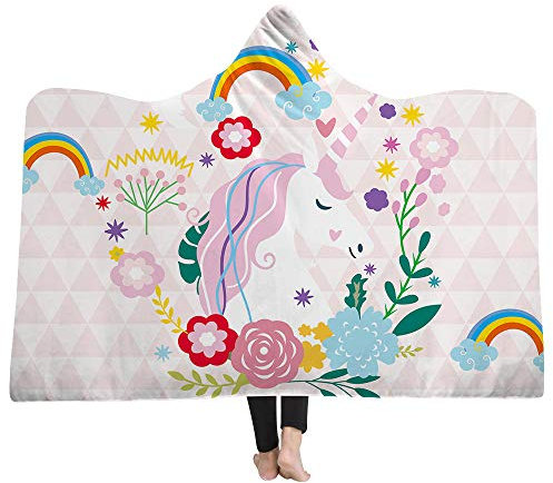 Chickw1 Einhorn Decke mit Kapuze, 3D Druck Kuscheldecke mit Kapuze Plüschdecke Pelzdecke Decken mit Hoodie für Erwachsene Kind Couch Sofa oder Bett (150x130cm,Regenbogen)