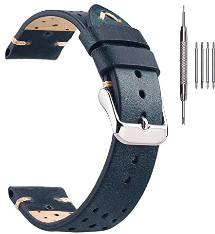 EACHE Rallye Stil Uhrenarmband 20mm, Uhrenarmband Leder Handgefertigtes Perforiertes, Uhrenarmbänder Für Herren (Ölwachs Blau-silberne Schnalle)