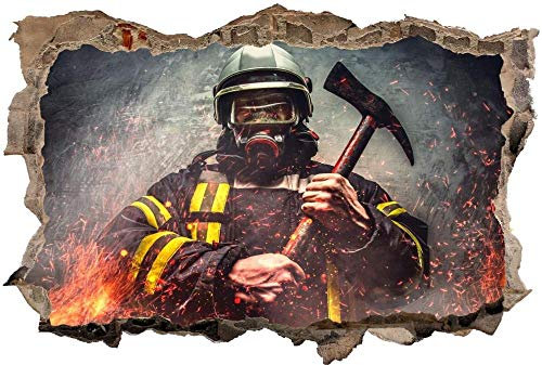 Illusion d'optique 3D – 50x70 cm – Papier peint – Tableaux muraux – Déco – Trou dans le mur – Pompiers hache pompier