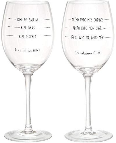 Les Vilaines Filles 40-VF-054 Verres à vin Niveaux Rire Discret Gras de Baleine Apéro avec Belle-mère chéri copines Coffret de 2 Assortis Transparent et Noir Verre D9 x H24 cm chacun 500ml