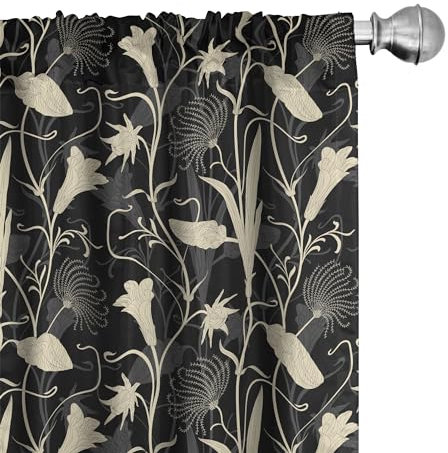 ABAKUHAUS Jugendstil Fenstervorhänge, Mutter Natur Blüten, Leichtes Dekor-2-Panel-Set mit Stangentasche, 2 Stück 150 cm x 175 cm, Schwarz Elfenbein