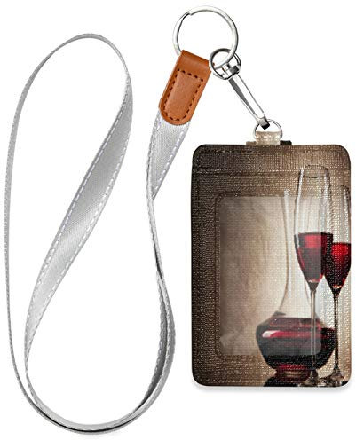 HMZXZ Vintage Red Wine Glass ID Badge Holder with Lanyard Detachable Keychain PU Leather Vertical ID Card Case for Woman Men Teacher Office Worker Student