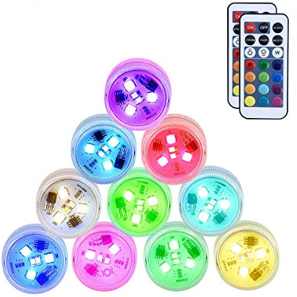 10pcs RGB Underwater LED Lights Submersible Multicolor 100% Waterproof LED Candle Tealight CR2450 Mood Light Battery Powered with IR Remote Control for Vase Bowls Swimming Pool (Hanging)