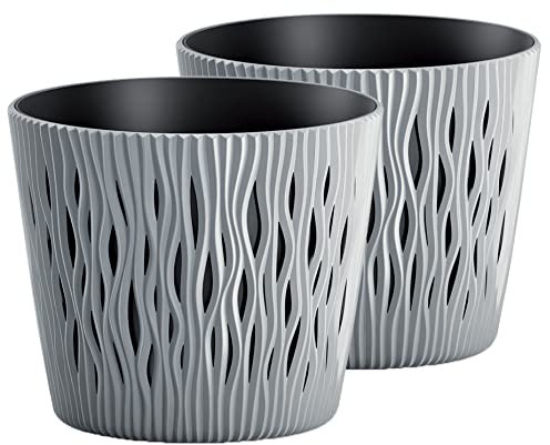 Tymar Blumentopf, 2er-Pack, Übertopf aus Kunststoff, Moderne, Runde Form, Pflanztopf,Innen- und Außenbereich, SR001 (Grau, ø 19 cm)