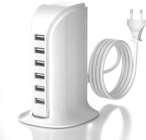 POANES 50W USB Ladegerät Mehrfach 6 Port USB Netzteile Handy Ladestation Weiß Steckdose für iPhone 15/14/13/12 Pro Max/Samsung Galaxy/Huawei/HTC/LG