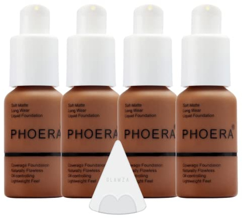 Glamza Phoera Foundation Full Coverage Makeup Set - 24hr Long Lasting Oil Control - Soft Smooth Matte Flawless Concealer Cream - Inc x4 30ml Foundation & Silicone Blender Sponge (110 Truffle)