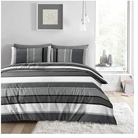 Lions 4 Piece Complete Bedding Sets - Textured Striped Grey Double Duvet Cover Set 200x200cm With 1x Fitted Sheet and Matching 2x Pillowcase, Soft Poly Cotton Bed Linen, Reversible Quilt Covers