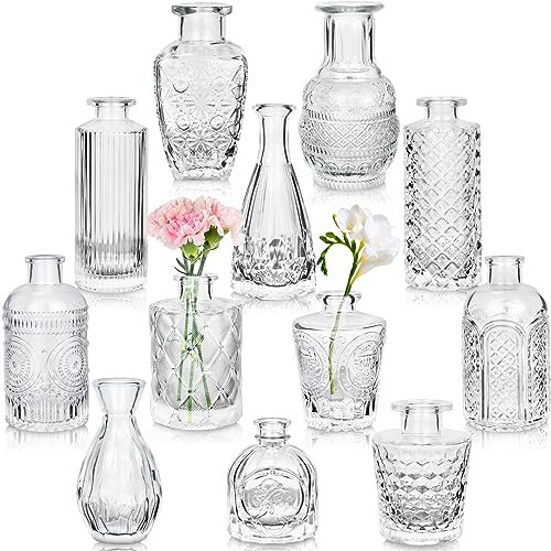 Artcome 12 jarrones pequeños de Cristal para decoración de Mesa de Boda, Vintage, Mini jarrón a Granel para Eventos, decoración de jardín de Oficina