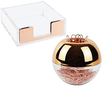 Magnetischer Büroklammerhalter, rotgoldfarben, 7.6x7.6 cm, transparenter Acryl-Spender und Büroklammerhalter, inklusive 100 Büroklammern für Schreibtisch-Zubehör-Organizer (Roségold)