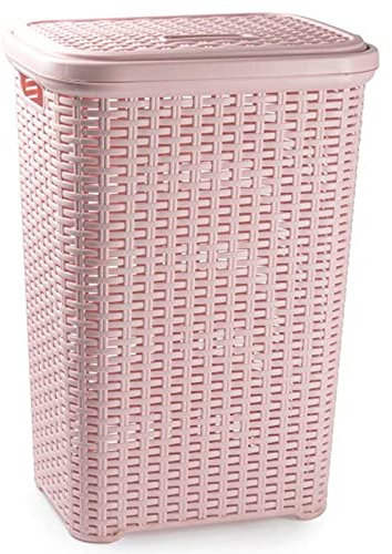 AC - Cesto para ropa sucia con tapa y asas - Estilo Rattan - Fabricado en españa - Cubo pongotodo para colada - Diseño imitación mimbre - Capacidad 60 Litros - 61,5 x 42,5 x 34 cm - Color Rosa