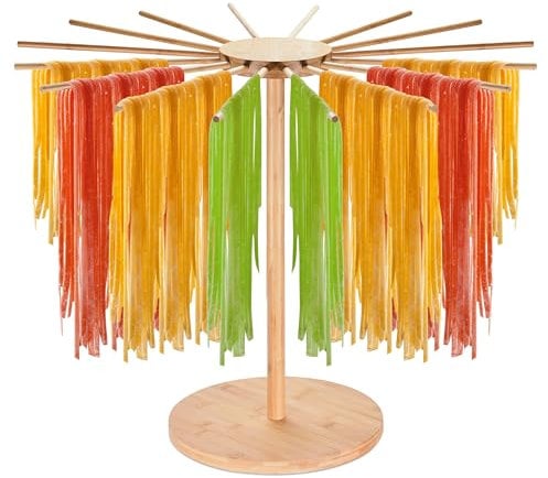 KITCHTIC Pasta Trockner – Große Größe, 16 Stangen – Faltbarer Nudelständer aus Holz – Verstellbare Arme – Ideal für Spaghetti, Tagliatelle, Fettuccine – Naturfarbe