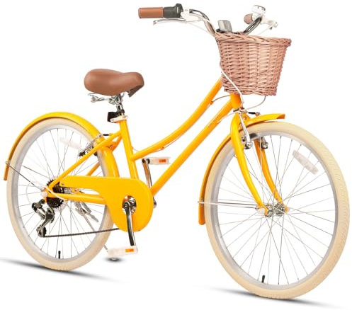 Glerc 24 Inch Girls Cruiser Bike 6-Speed Cruiser Women's Hybird Bicycle for Ages 7 8 9 10 11 Years Old with Wicker Basket. Lightweight Frame and Fork, Yellow