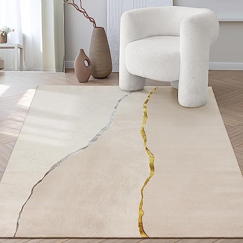 the carpet Mila - moderner Kurzflor Teppich, Wohnzimmer, Schlafzimmer, Eleganter Glanz, Glanzfaser, Hoch-Tief Effekt, Creme, 120 x 170 cm
