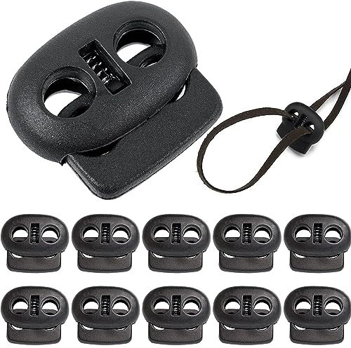 10 Stück 2-Loch Kordel Stopper, Kordelklemme 2 Loch aus Kunststoff, Schwarz Schnurstopper für bis Ø 4 mm Kordeln, für Seile Jacken Gummikordel Stopper