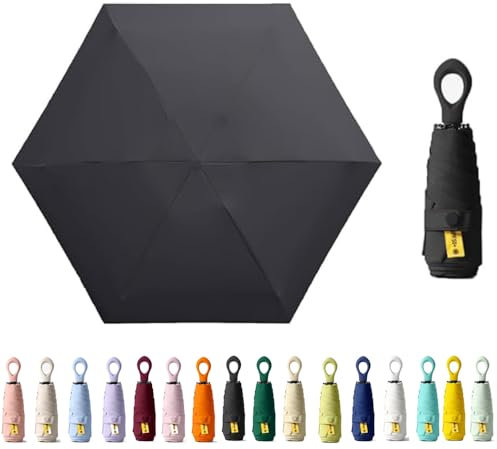 Mini-Sonnenschirm für Reisen, Ringgriff, Beschichtungsschicht, Stoffblockierung, UV-Schutz, 99,9 %, kompakt, faltbar, leicht, klein, tragbar, Rucksack, Regen, Sonne, Herren, Damen, Kinder, Schwarz
