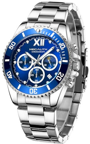 MEGALITH Uhren Herren Chronograph Edelstahl - Silber Herrenuhr Moon Phase 43mm Designer Wasserdicht Armbanduhr Herren Groß Datum Leuchtende Männer Uhr Analog Quarz, Geschenk für Männer