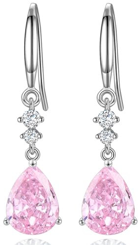 WOVEE Ohrringe Silber Hängend, Silberohrringe Damen 925 Hängende Ohrhänger AAA Zirkonia Pink Tropfen Anhänger Hängeohrringe
