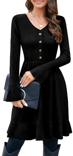 ULTRANICE Jumper Dress for Women UK Ladies V Neck Knitted Casual Dresses Decor Buttons Long Sleeve Winter Dress Black