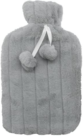 Grande housse moelleuse pour bouillotte – Housse uniquement (bouillotte non incluse) – Taille unique pour bouteille de 2 litres – Gris avec pompons TRIXES