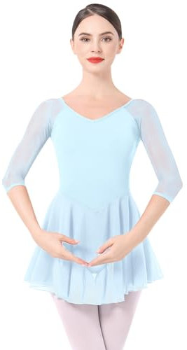 Ballettkleidung Damen Ballett Tanzkleid 3/4 ?rmel Ballettanzug Gymnastik Tanztrikot mit Chiffon Rock Ballettkleid Ballerina Tanzkleidung Blau XL