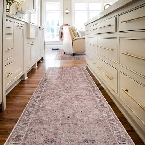 TALETA Teppich Läufer Flur rutschfest waschbar, Küchenläufer bunter Küchenteppich Vintage, Teppich Läufer für Küche, Terrasse, Treppen, Flur, Gang, rosa, 80 x 300 cm