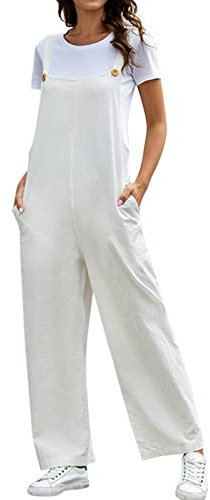 Kanpola Salopette Donna Estate Salopette Salopette Senza Maniche Baggy, Pantaloni Estivi Cotone Jumpsuit Gamba Larga Tuta con Tasche Pantaloni Regolabili Pagliaccetto, Bianco, XL