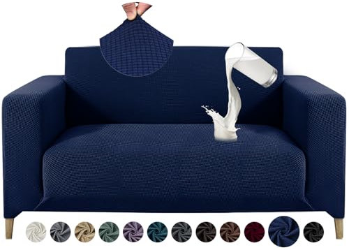 Alishomtll Sofa Überzug 2 Sitzer Stretch Sofabezug Universal Wasserabweisend Couch Überzug Sofaüberwürfe Elastische Jacquard Couchbezug rutschfest Sofaschoner für Hunde Katzen (140-185cm, Dunkelblau)